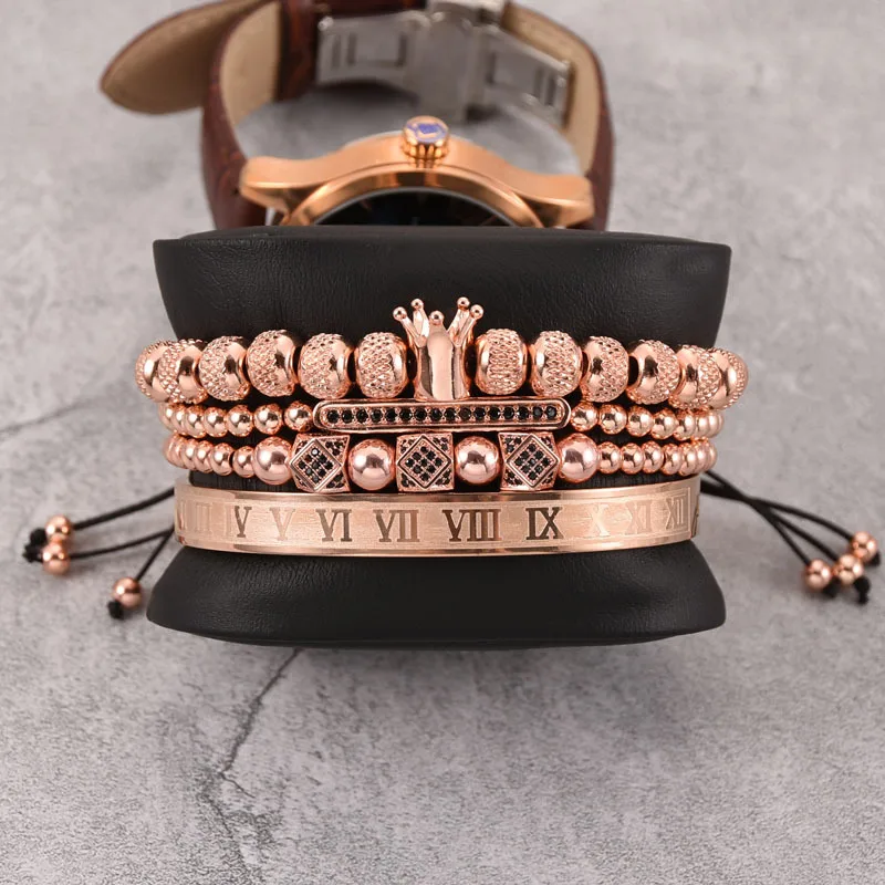 

Fashion Men Beaded Bracelet Punk Style Micro-inlaid Zircon Crown Braided Letter Stainless Steel Bracelet 4pcs/set Bracelet