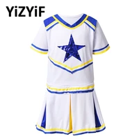 kids girls cheerleader costume jazz dance clothes cheerleading uniforms short sleeves stars applique tops with pleated skirt set