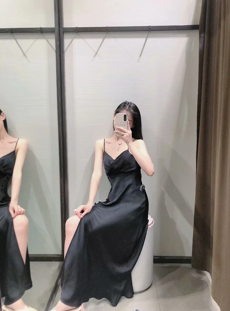 

Summer New Lady Single Breasted Dress Sexy Style Sleeveless Solid A-line Dress V-neck Spaghetti Strap Ankle-length Dress