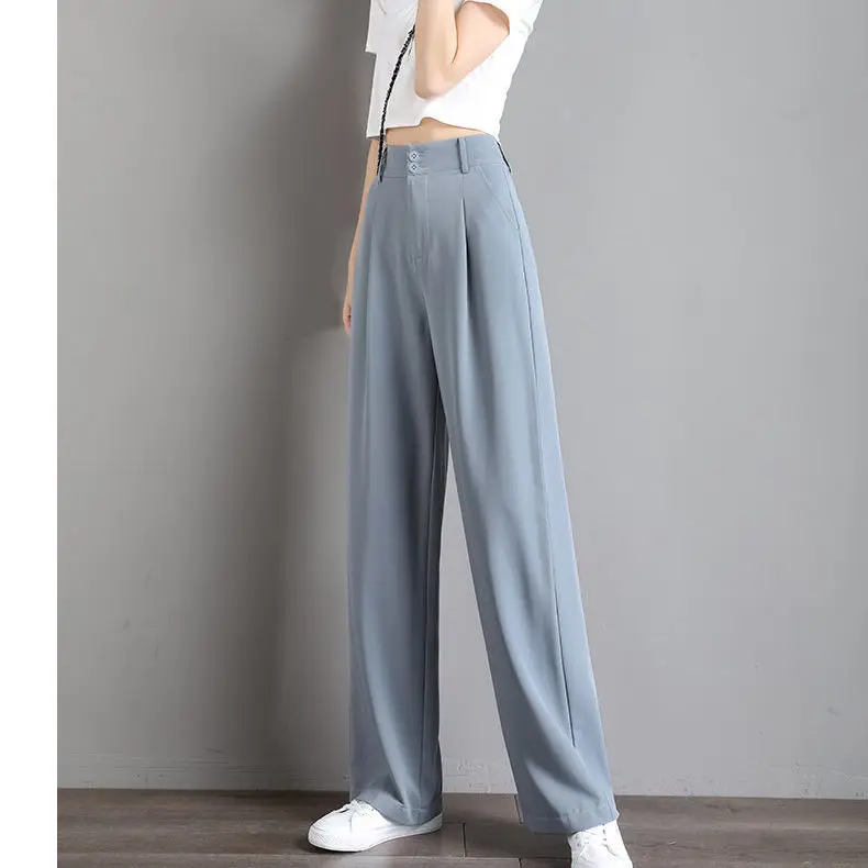 

Women 2021 Summer Fashion Solid Color Loose Trousers Female High-waisted Thin Pants Ladies Ice Silk Wide-leg Trousers E55