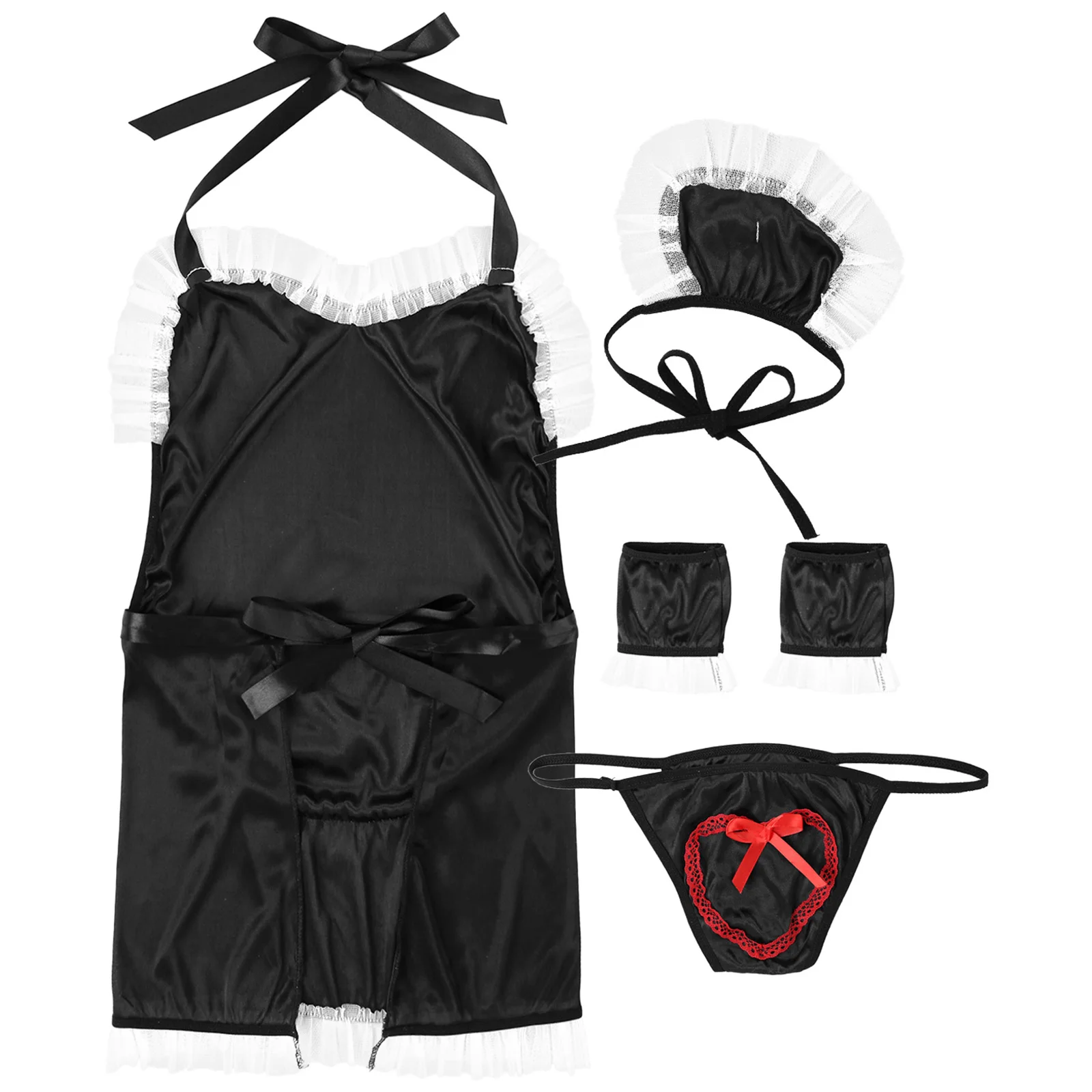 

Women Female Halter Maid Lingerie Suit Backless Lace Trimming Apron with Headband Wrist Cuffs T-back for Role Play Sexy Clubwear