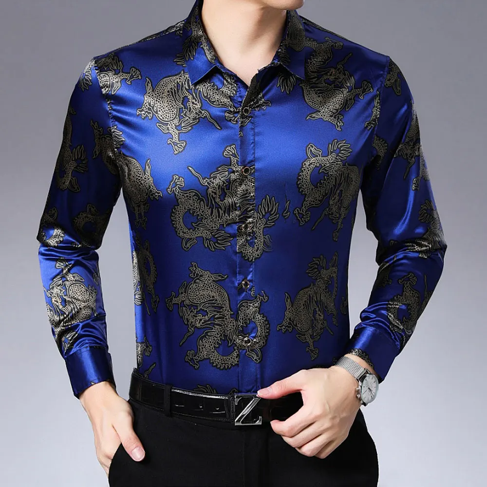 Рубашка мужская атласная с длинным рукавом в китайском стиле | Мужская одежда
