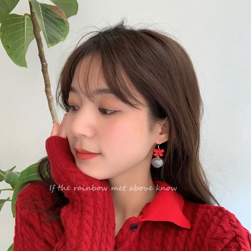 Бантом серьги с меховым шаром милые девушки корейский темперамент онлайн