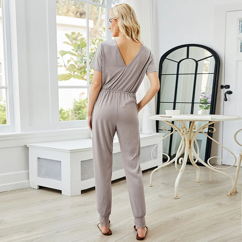 

Women's Summer New Style Solid Color Hem Waist Tie Casual Fashion Short-sleeved Comfortable Jumpsuit Holiday Beach Pencil Pants