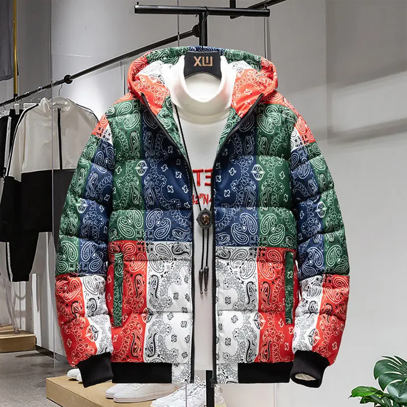 

Winter Down Jackets Coat Parka Bandana Paisley Pattern Harajuku Hip Hop Hooded Jackets for Men Outwear Windbreaker Streetwear