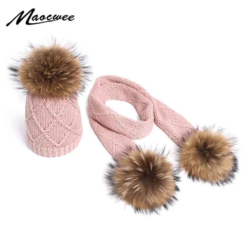 

Autumn Winter Real Fur Pompon Beanie Hat And Scarf Set For Child Crochet Knitted Solid Soft Beanies Caps Outdoor Warm Girls Hats