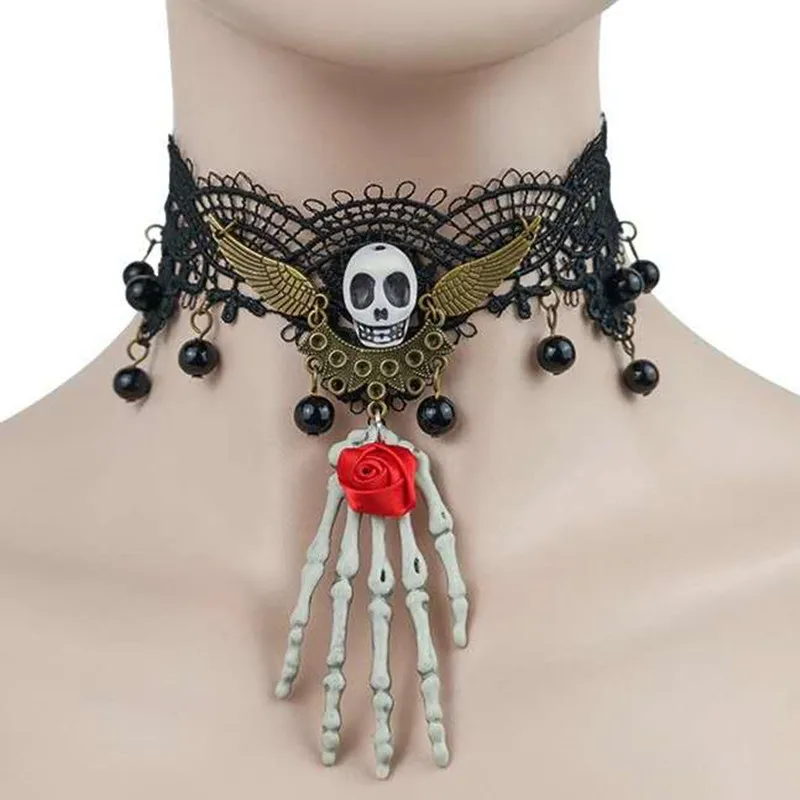 Vintage Women's Neck Chain Halloween Necklace One Piece Skull Lace Terror Demon Slayer Spider Multi Layer Accessories Jewelry