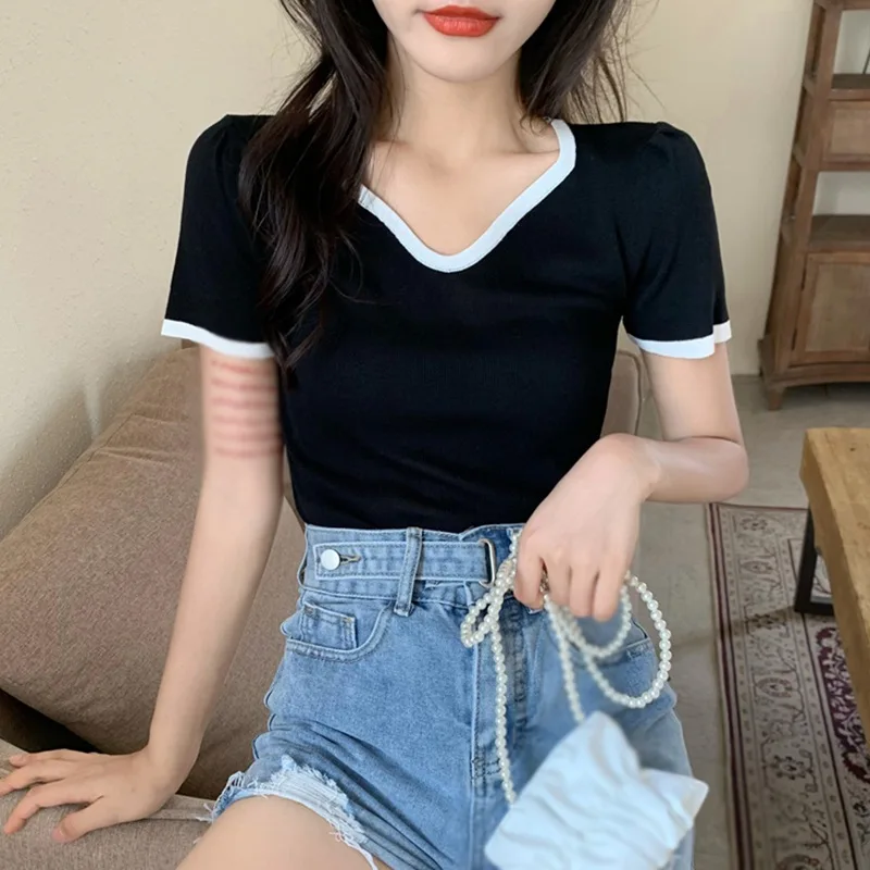 

Женские футболки с коротким рукавом и высокой талией, летние короткие топы, Необычные трикотажные футболки с V-образным вырезом