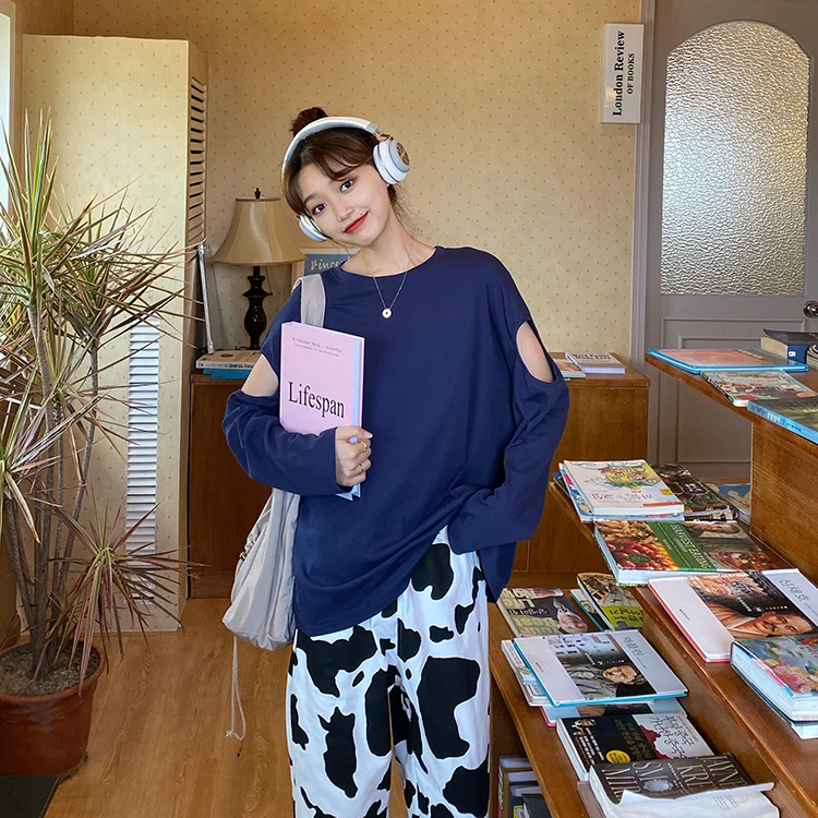 

3colors 2020 autumn korean preppy style basic soild color long sleeve t shirts womens tops hole tee shirt femme (F4051)