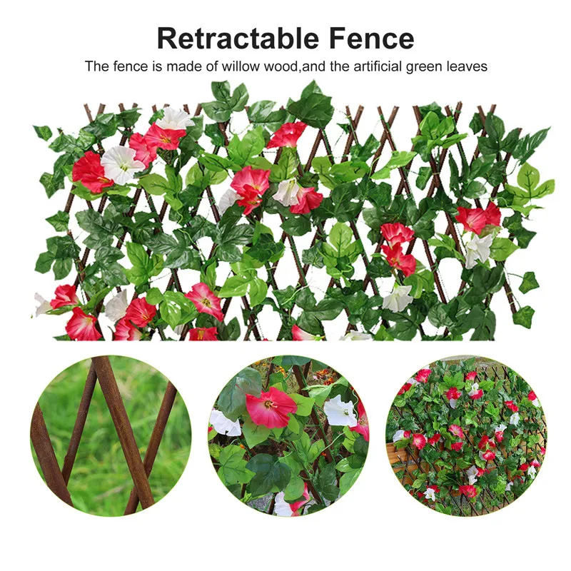 

Retractable Wooden Fencing Trellis Artificial Morning Glory Flower Leaf Roll Privacy Hedge Wall Hanging Garden Decoration