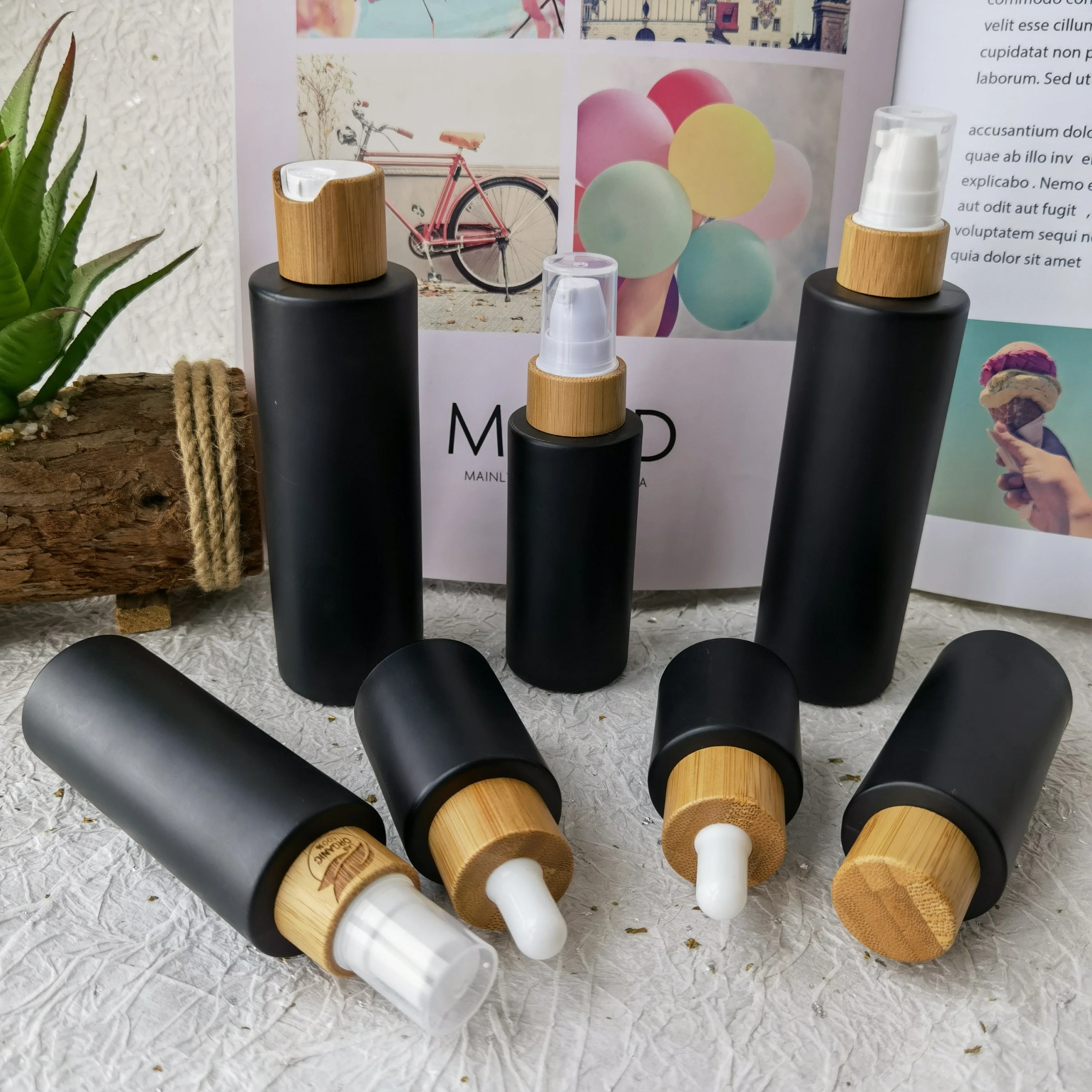 Empty Makeup Frosted Black Glass Lotion Bottles With Bamboo Lid 20ml-80ml Skin Care Packaging Vials Perfume Spray Bottles