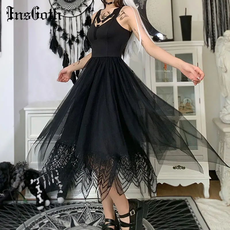 

InsGoth Goth Dress Vintage Aesthetic Mesh Black Corset Dress Punk Sexy Hollow Out Backless High Waist Midi Dresses Summer 2021