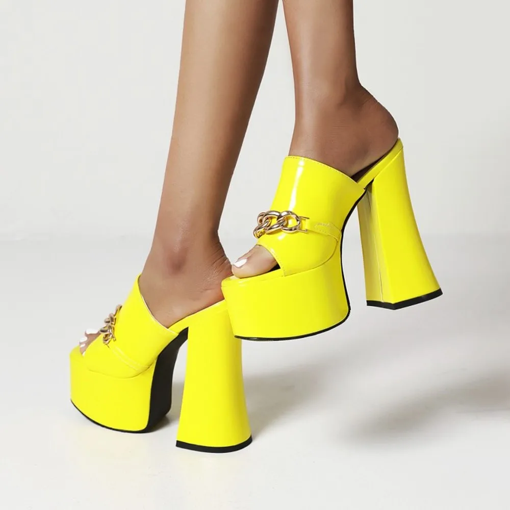 

Hot Sale Womens Patent Leather Platform Super High 5.5" Heel Sandals Slippers Metal Chain Slides Peep Toe Gothic Punk Shoes Cand