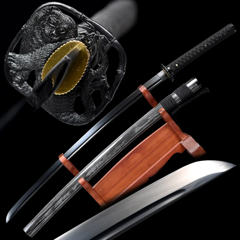 

Японские мечи, лезвие из 1060 углеродистой стали, Прочная гибкая бритва, острые настоящие катаны, ручная работа, полный Танг, 41 дюйм, черные меч...