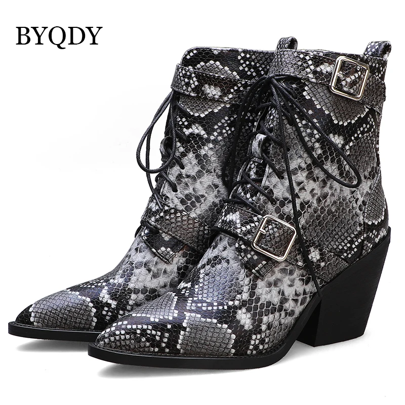 BYQDY Autumn Woman Winter Boots Snakeskin Western Shoes Hoof Heels Lace-up Ankle Birthday booties Comfortable Plus Size 48 | Обувь