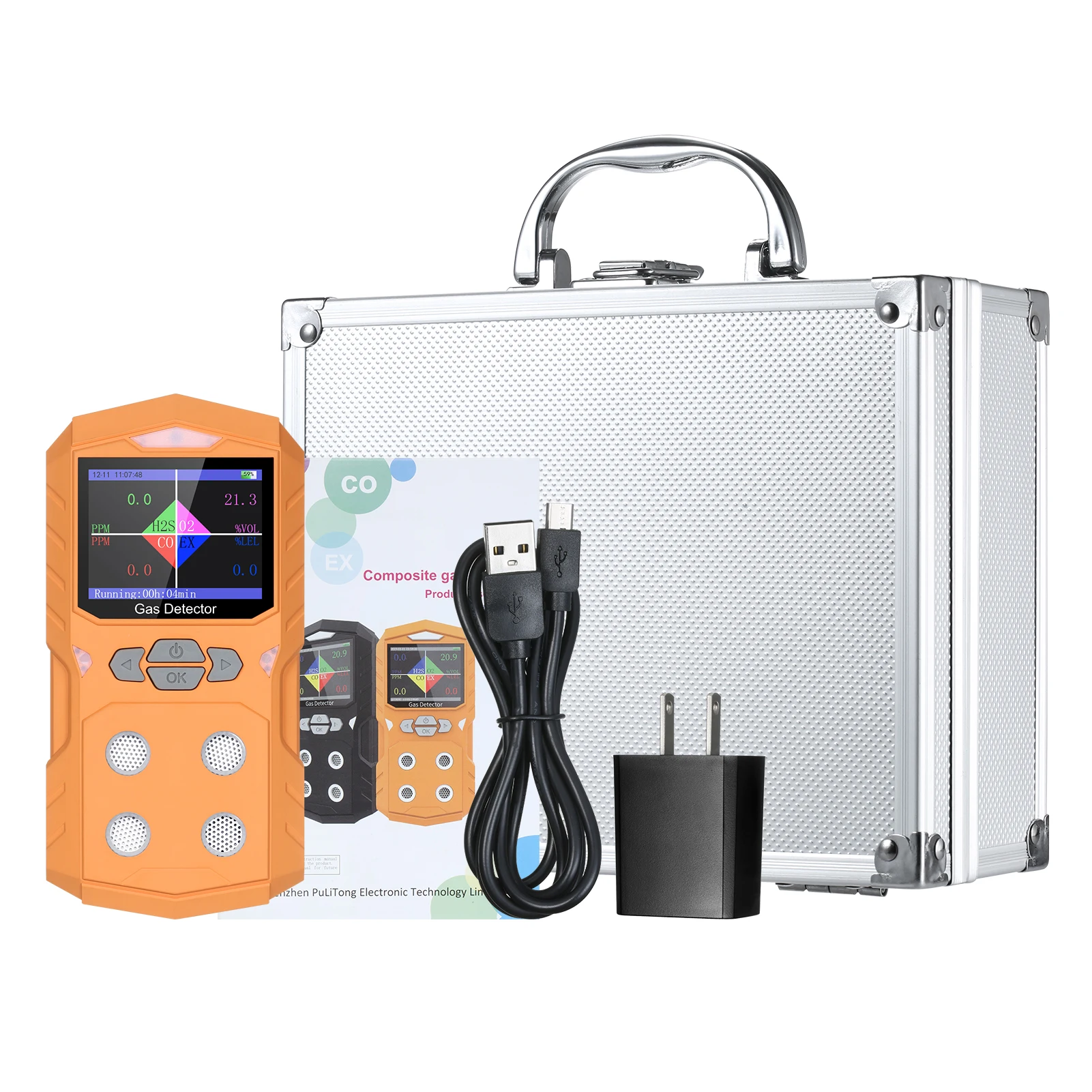 

4 Gas Detector Portable Gas Monitor Sound Light Vibration Multi-Gas Monitor Meter Rechargeable Gas Monitor Meter Tester with LCD