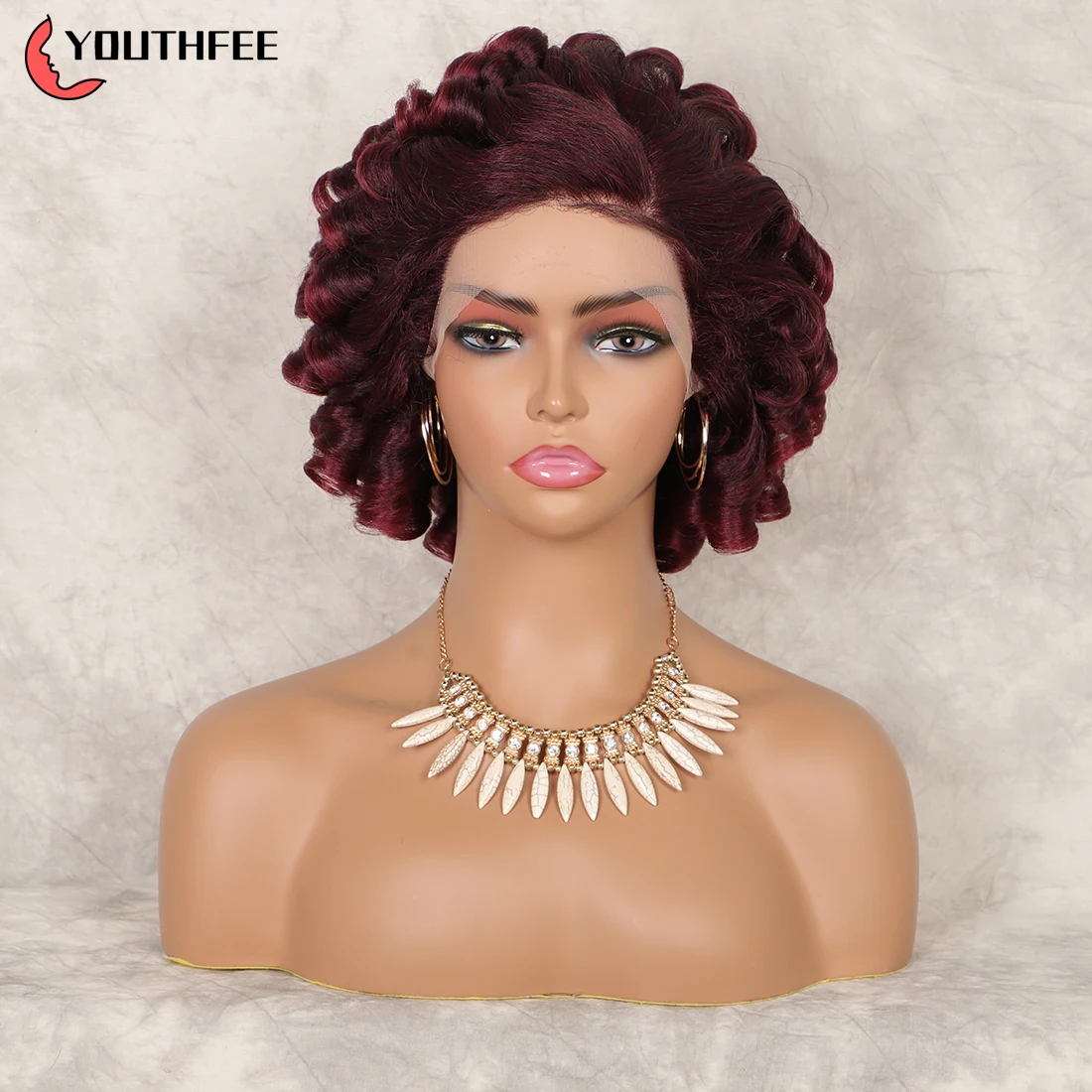 

Youthfee Curly Lace Front Wigs 12" Burgundy Spring Curls Wig With Baby Hair For Women Deep Wave Curly Synthetic Wigs