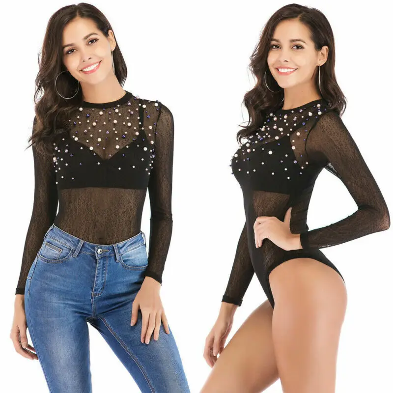 

Fashion Women Bodysuit Sexy Crew Neck Long Sleeve Skinny Bodysuit Leotard Beading Sexy Tops Jumpsuit Playsuit