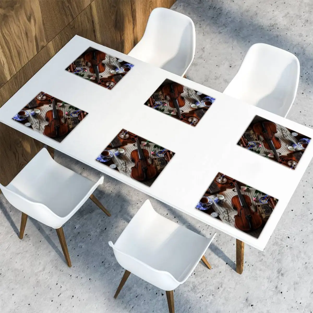 

6 Pcs Placemat Vintage Composition With Violin And Cups Fabric Table Mats Tableware Kitchen Tool Table Mats