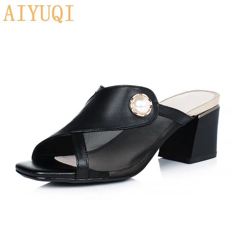 

AIYUQI Slides Women Summer 2021 New Outdoor Shiny Women Shoes Open Toe Mid Heel Fashion Net Yarn Genuine Leather Slides Women