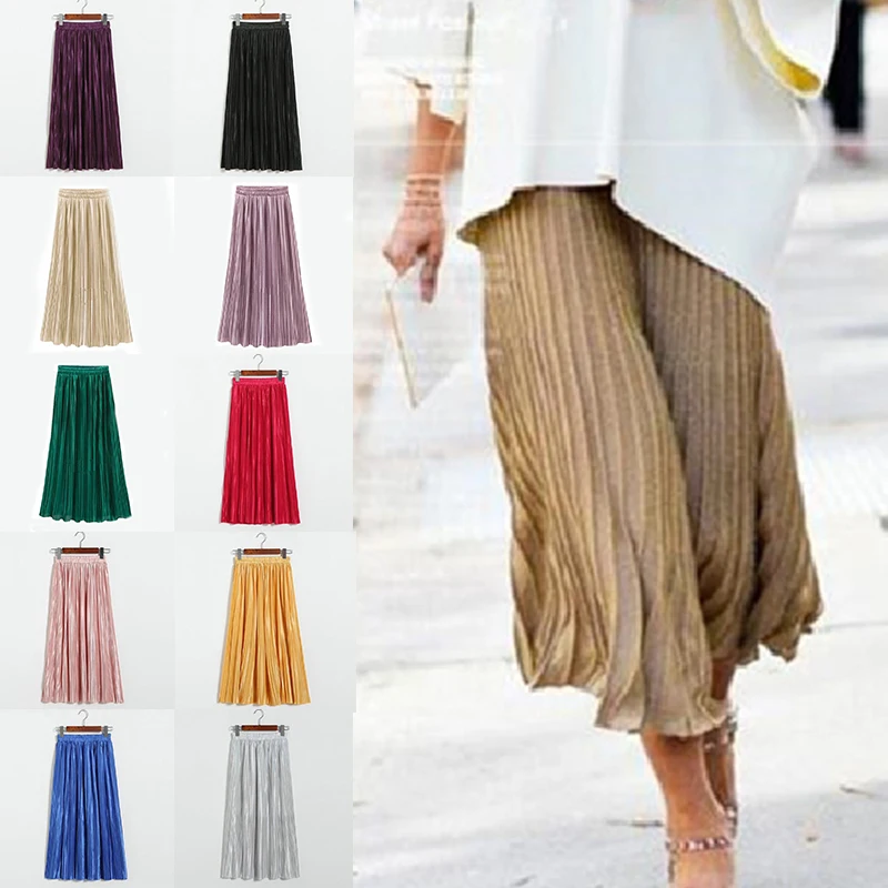 

2020 Spring Summer Autumn Women High Waist Skirt Metallic Color Pleated Skirt Women Causal Midi Skirts