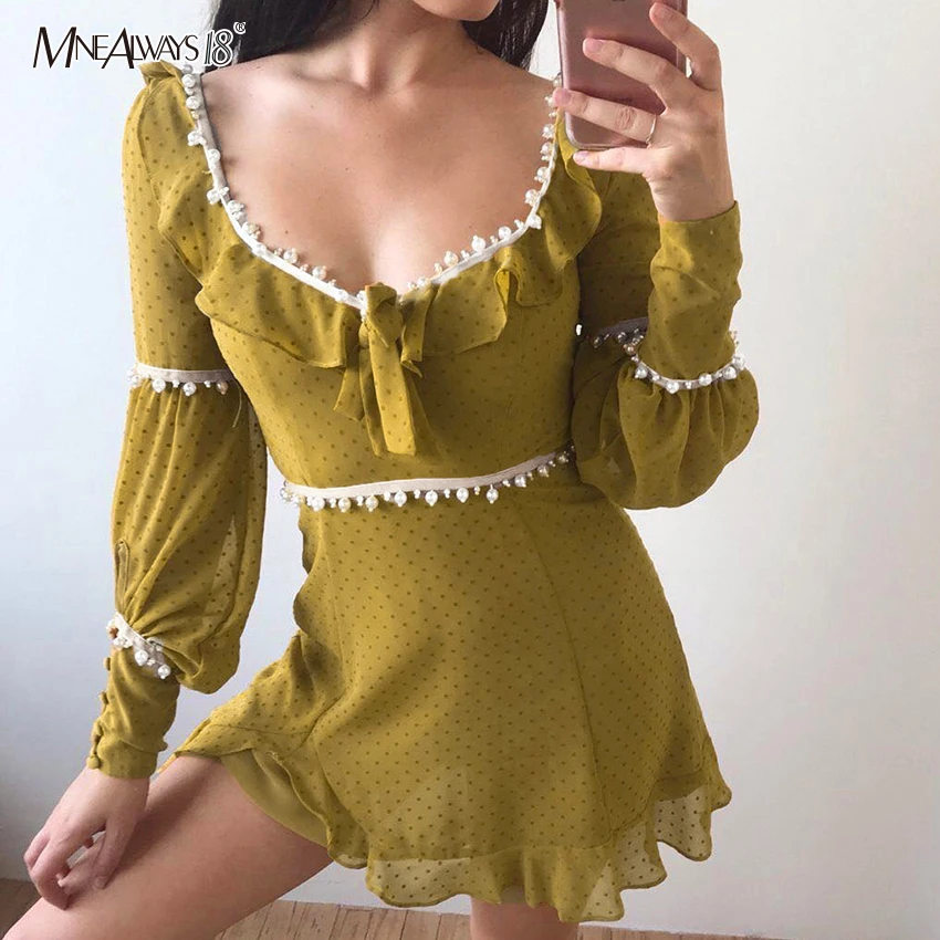 Mnealways18 жемчужное платье в горошек желтое богемное шифоновое с длинным рукавом