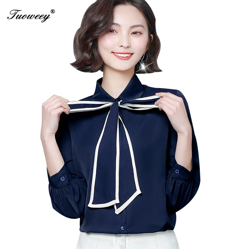 

Fashion Womens Tops And Blouses 2020 Blue Chiffon Blouse Shirt Long Sleeve Women Shirts Bow Collar Office Blouse Women