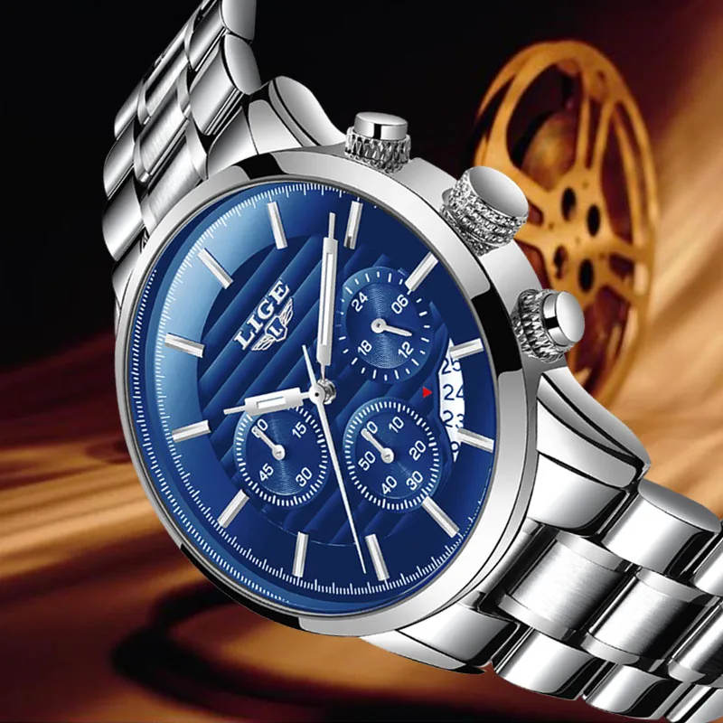 Часы наручные LIGE мужские с хронографом спортивные роскошные кварцевые Стальные