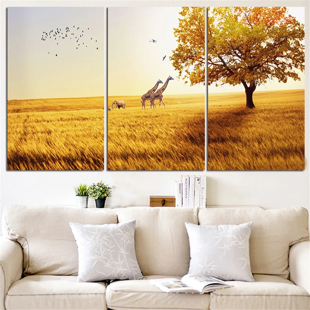 

3 Pieces Canvas Painting Giraffe Animal Landscape Yellow Tree Poster HD Print Home Decor Wall Art Picture For Living Room Framed