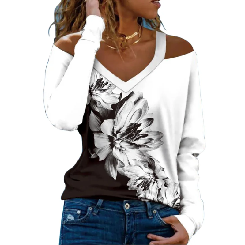 

Women Autumn Shirts Fashion V Neck Off Shoulder Floral Printed Ladies Pullover Blouse Vintage Casual Long-sleeved Elegant Tops
