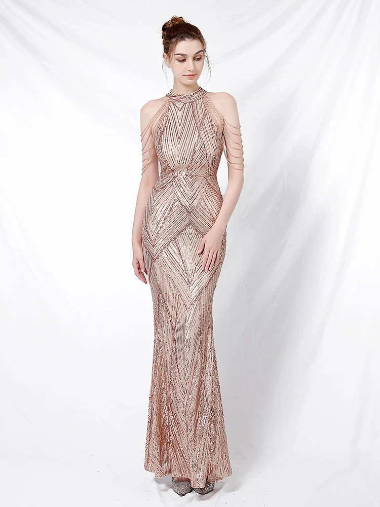 Элегантное вечернее платье с блестками и вышивкой со стразами женское без рукавов Золотое Платье