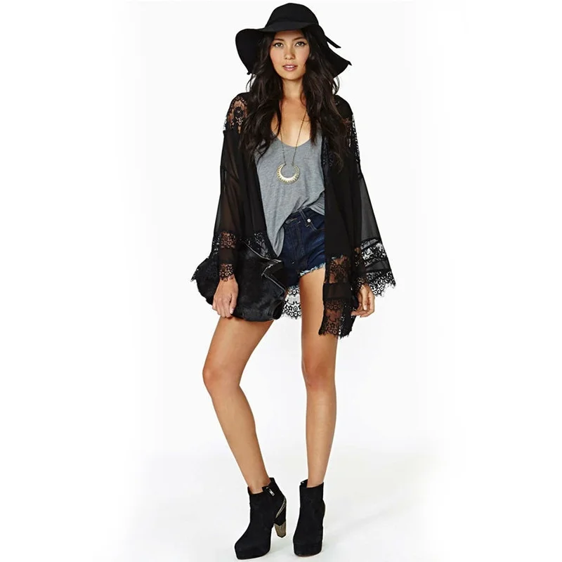 Женская Пляжная накидка Черная кружевная вязаная крючком кардиган с длинным