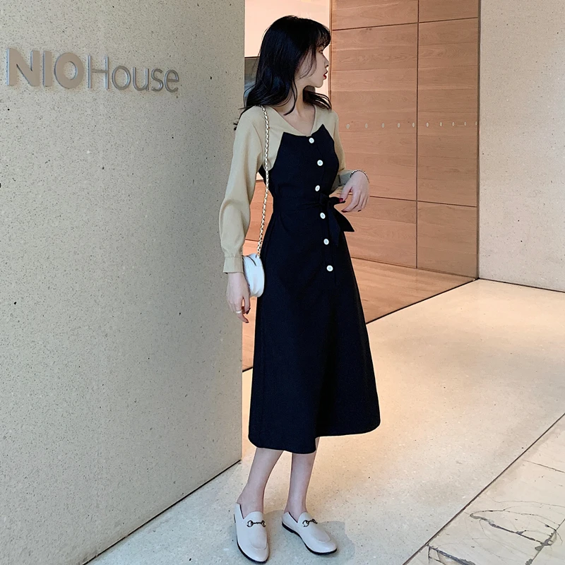 Черные Базовые платья Длинная Женская Весенняя базовая одежда лоскутное