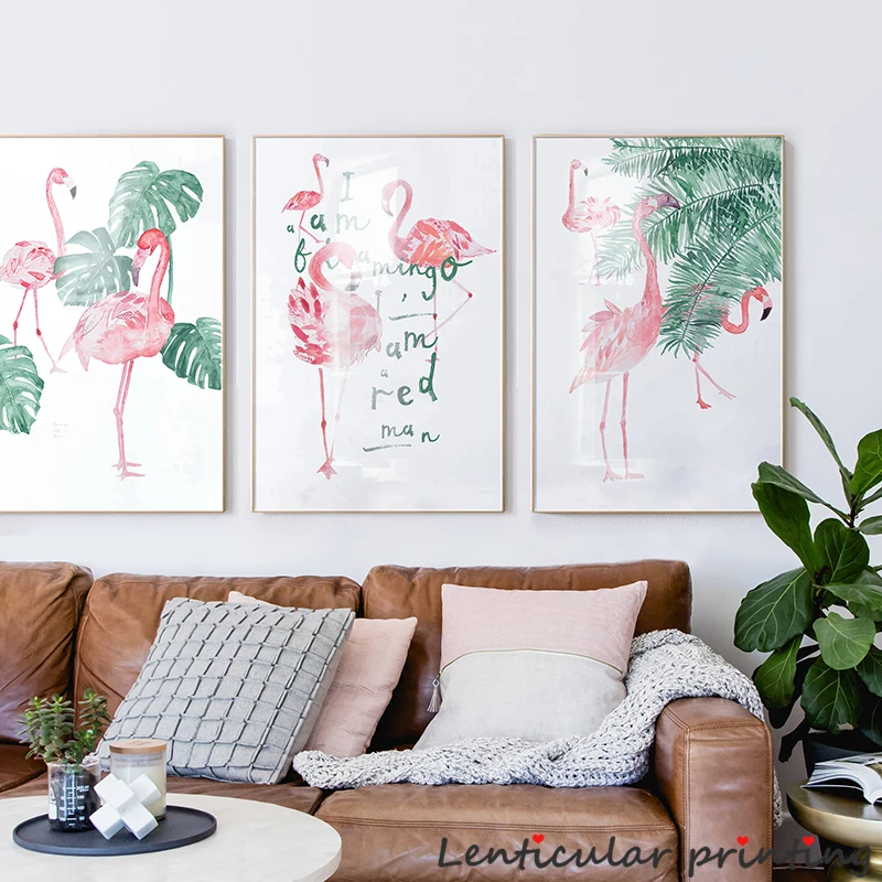 HD скандинавский розовый постер зеленые листья и фламинго Мотивационная картина
