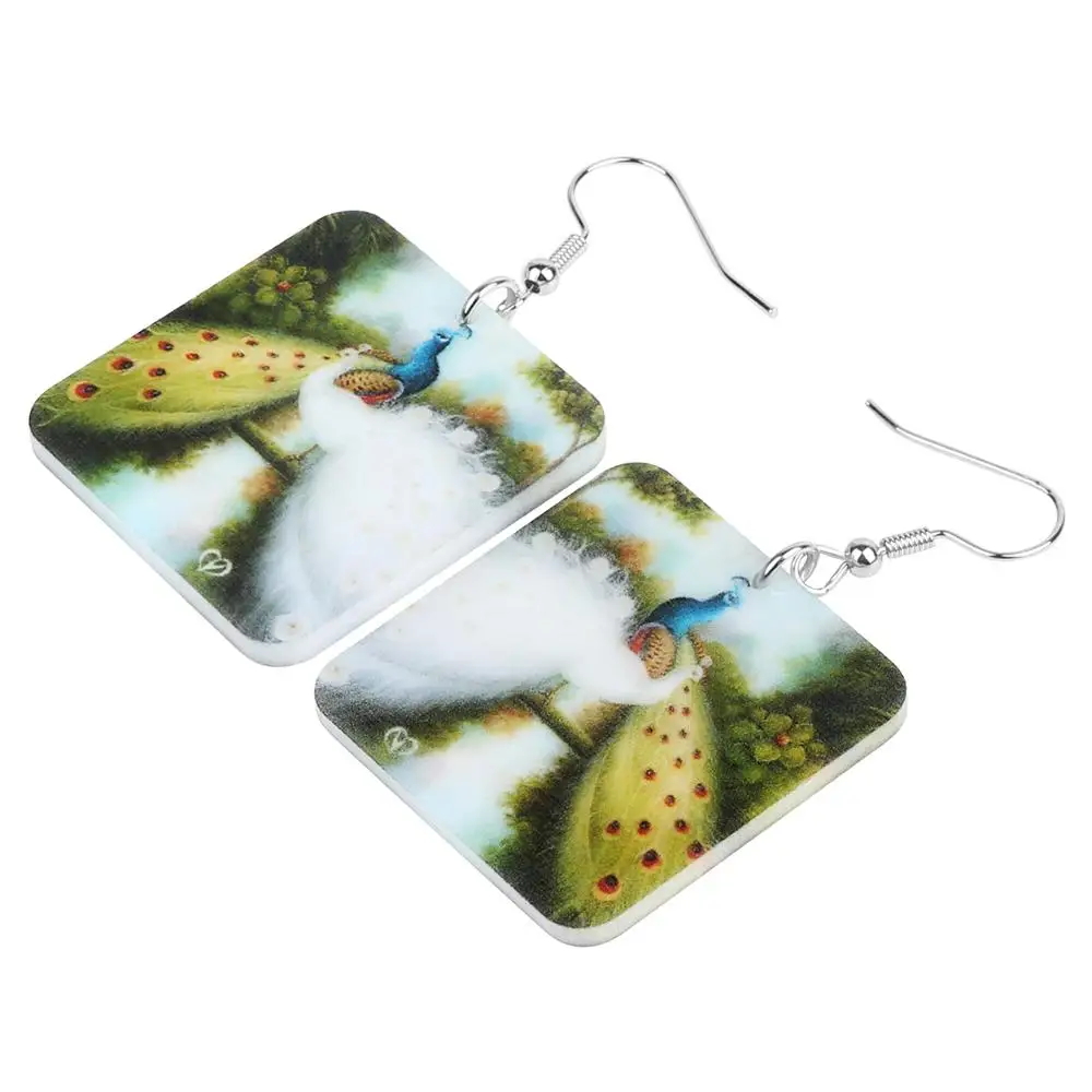 WEVENI Acrylic Square Peacock Peafowl Earrings Printing Big Wild Bird Animal Dangle Drop Jewelry For Women Girls Kid Trendy Gift | Украшения