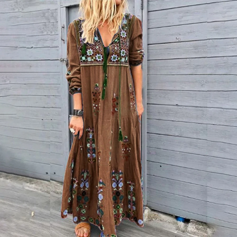 

SHUJIN 2021 BOHO Covered Tassels V neck Floral print Bohemia Dress Summer Ethnic Woman Short Sleeve Tie Bow Strappy Long Dresses