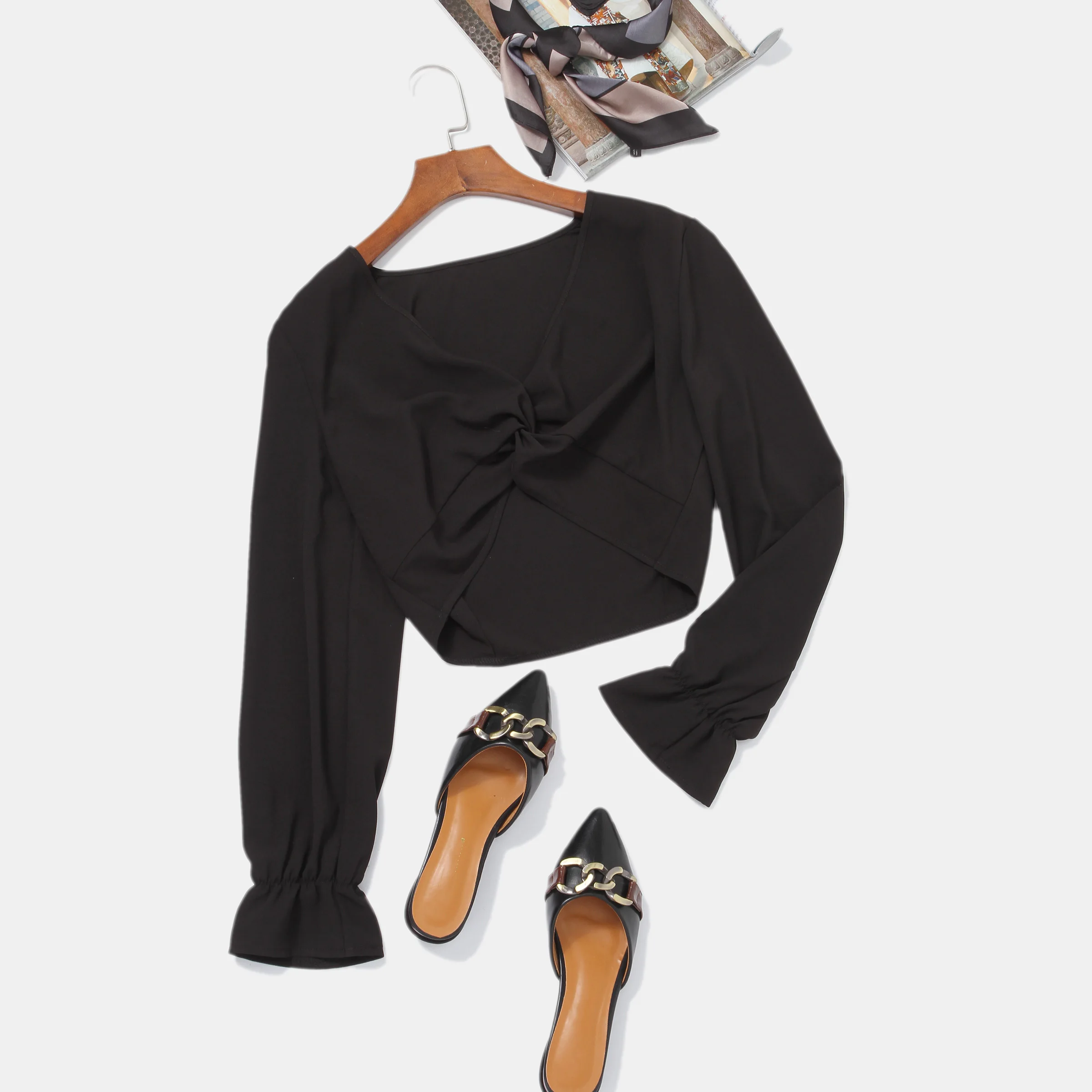 Женская модель сексуальная Осенняя черная Свободная блузка в стиле бохо с