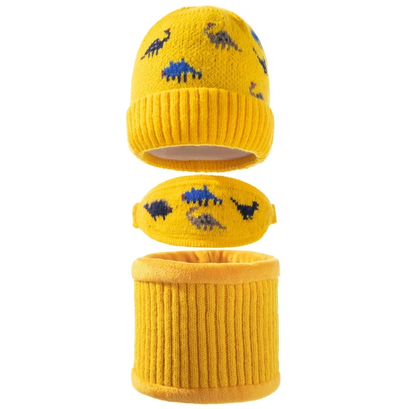 

3Pcs Baby Warm Winter Hat Scarf Face Mask Set Knitted Dinosaur Jacquard Beanie Scarf Face Mouth Cover Kit for Child