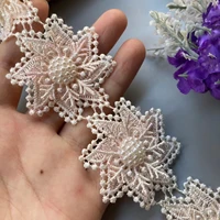 10x pink flower pearl spin snowflake beaded lace trim ribbon handmade embroidered double layered applique dress sewing craft