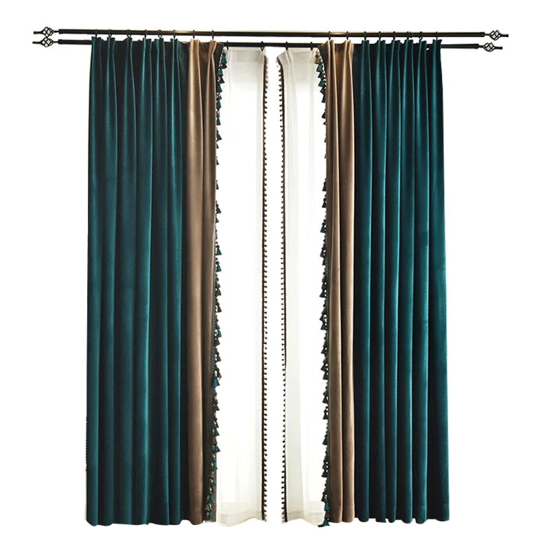

Custom American Light Luxury Style Peacock Green Blue Light Brown Curtains for Bedroom Velvet Blackout Velvet Thickening Curtain
