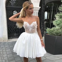 cheap short prom dress spaghetti strap chiffon lace pearl cocktail dresses mini white homecoming gowns abendkleider 2022