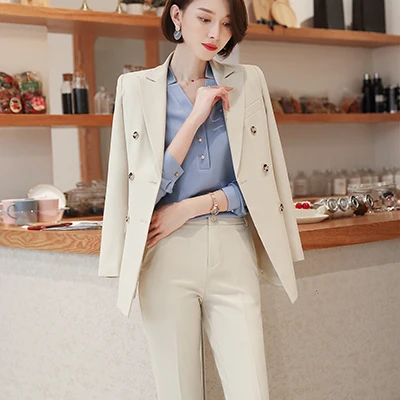 Apricot Pant Suit Комплект из 2 предметов, женский брючный костюм, высокое качество, мягкая и удобная ткань, офисный стиль, деловой стиль, женские костюмы для работы - Цвет: Apricot Pant Suit