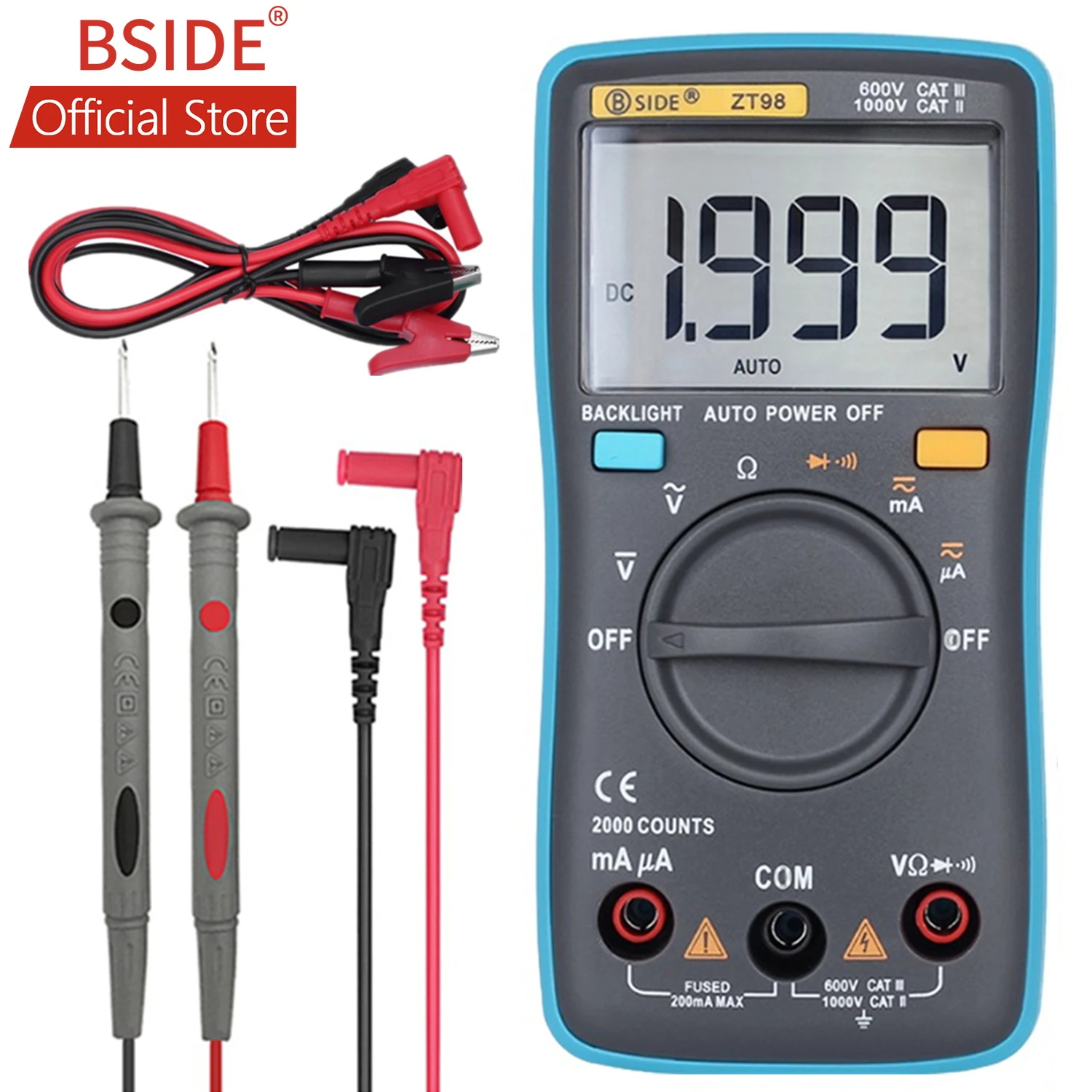 Цифровой мультиметр BSIDE ZT98, 2000 отсчетов, Автоматический диапазон DMM, подсветка AC/DC, амперметр, тестер напряжения, вольтметр, Ом, портативный измеритель