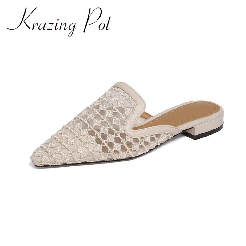 

Krazing pot square toe shallow low heels simple style hollow out gentlewomen sweet girls vintage slip on women sandals shoes L61