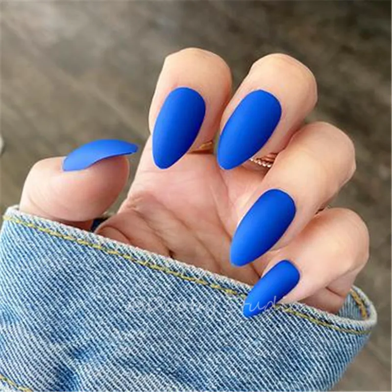 

Matte short fake nails stiletto blue impress press on nails tip artificial unghie finte faux ongles court decorating fingernails