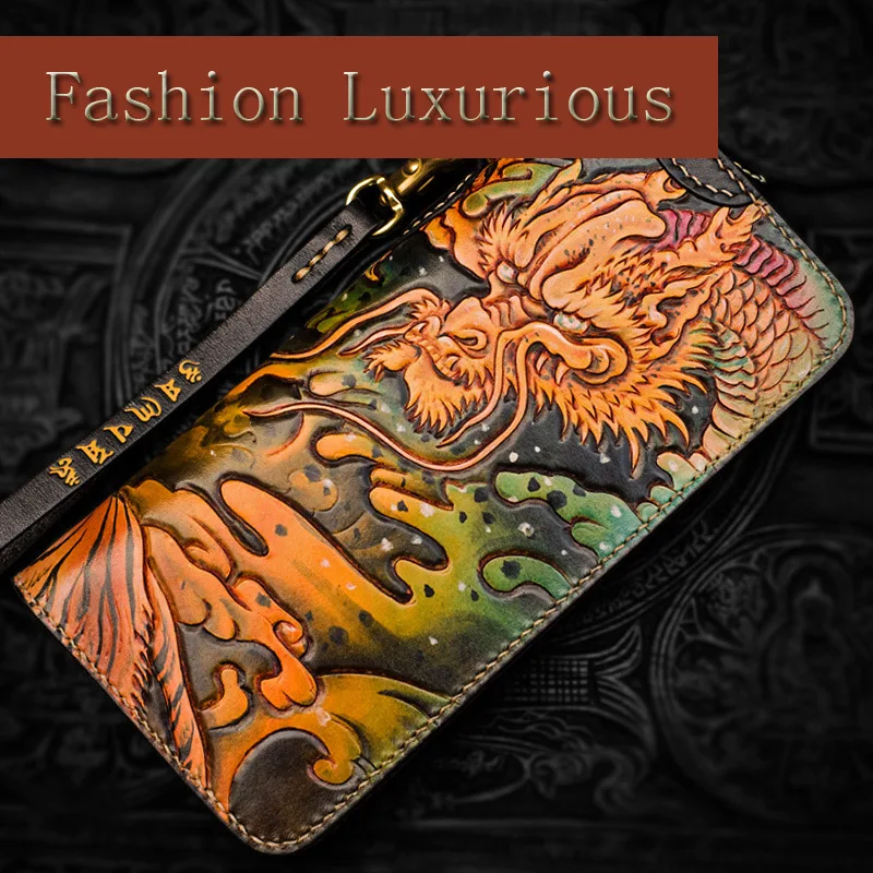 

Men's Handmade Wallet Long zipper leather carving large-capacity wallet Clutch bag Vintage wallet cowhide clip