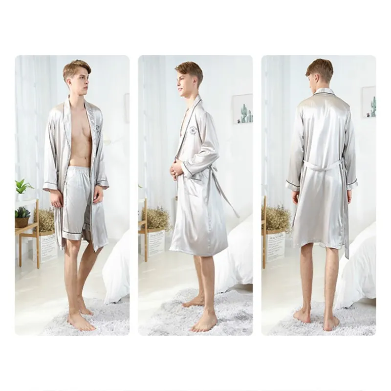 Men Robes Sets Sleepwear Silk Satin Pajamas Sexy Long Sleeve Trousers Gray Navy Wine Red Night Gowns | Мужская одежда