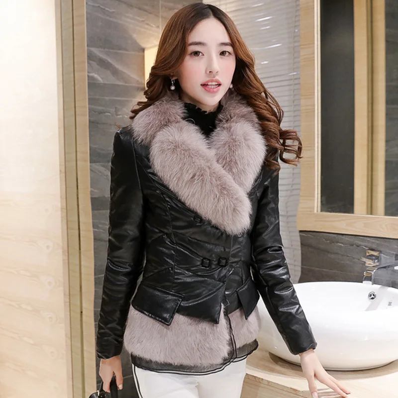 Leather jacket leather short jacket Ladies fashion lace-up waist coat Ladies elegant side pockets Faux fur fur collar coat women