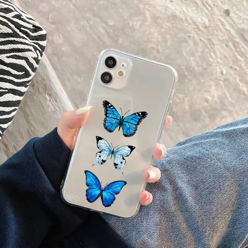 

Blue Butterfly Phone Case Transparent Clear for iPhone 11 12 mini pro XS MAX 7 8 6 6S Plus X 5S SE 2020 XR