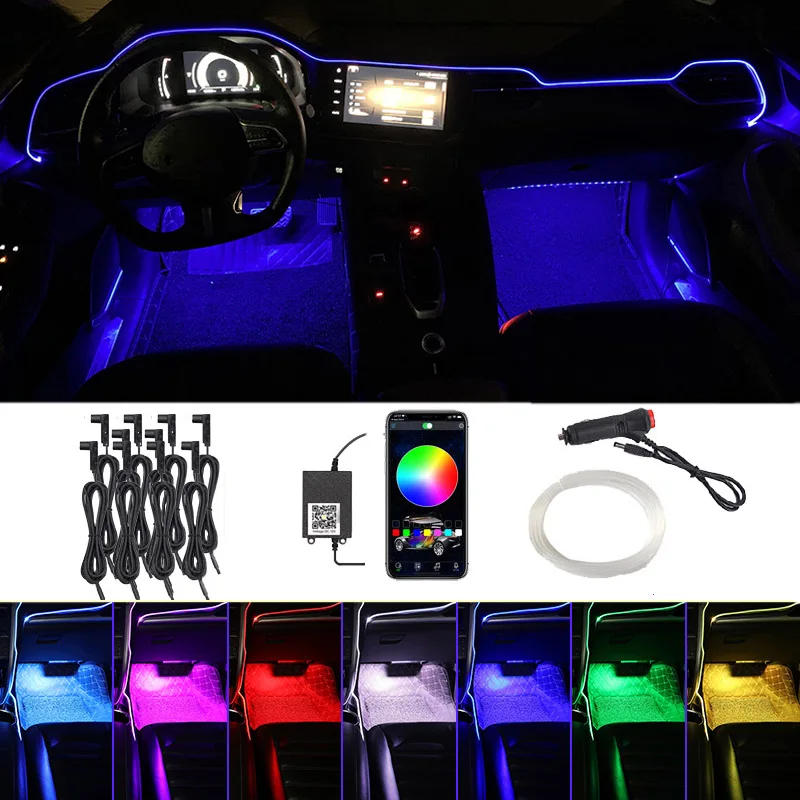 

Atmosphere Car Light Interior Ambient Flexible DIY Music Control RGB LED Fiber Light Strips Fiber Band App Optic Easy To Install